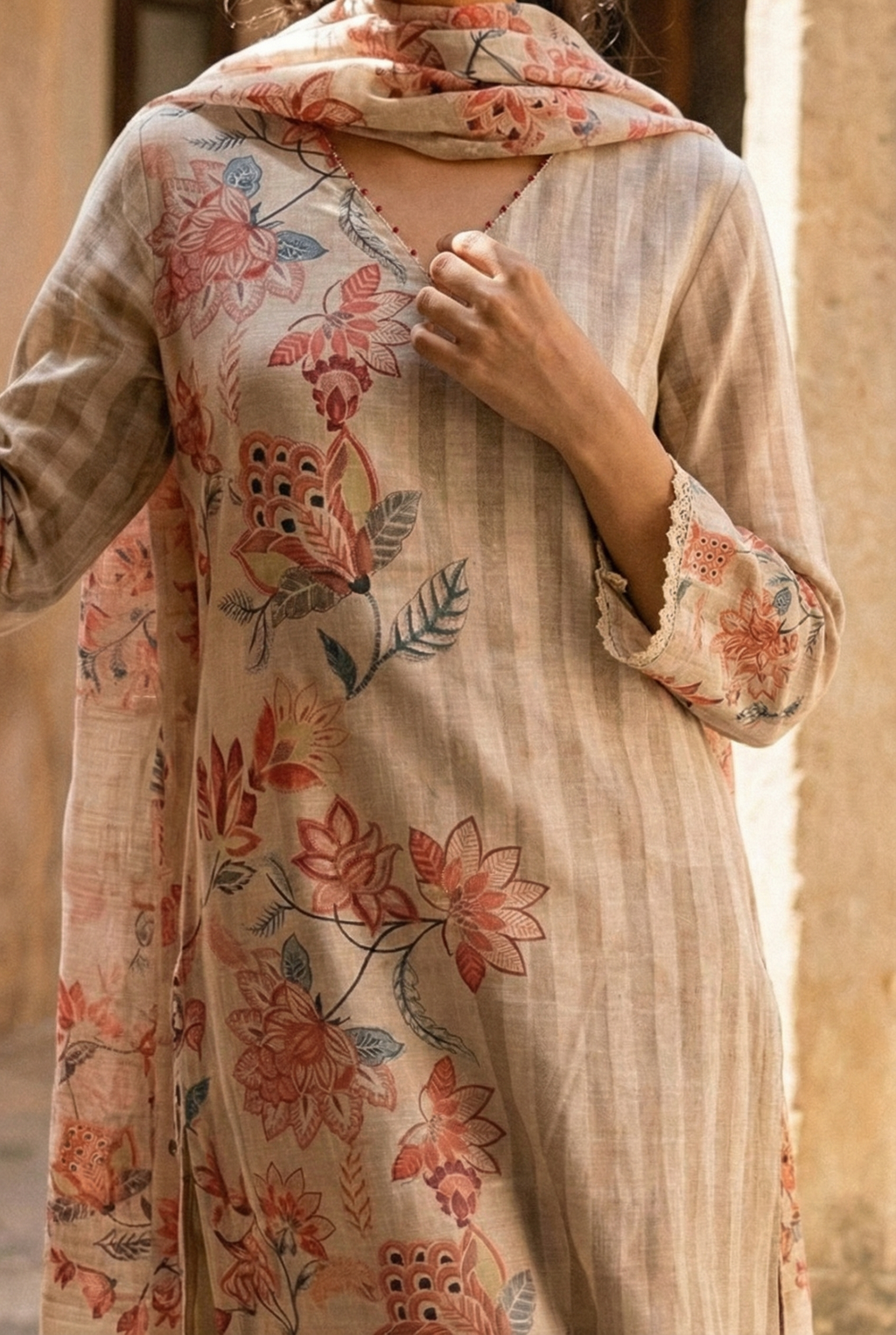 GAURI KURTA SET - BEIGE Size XXL | Veda Handcrafted Ethnic Wear