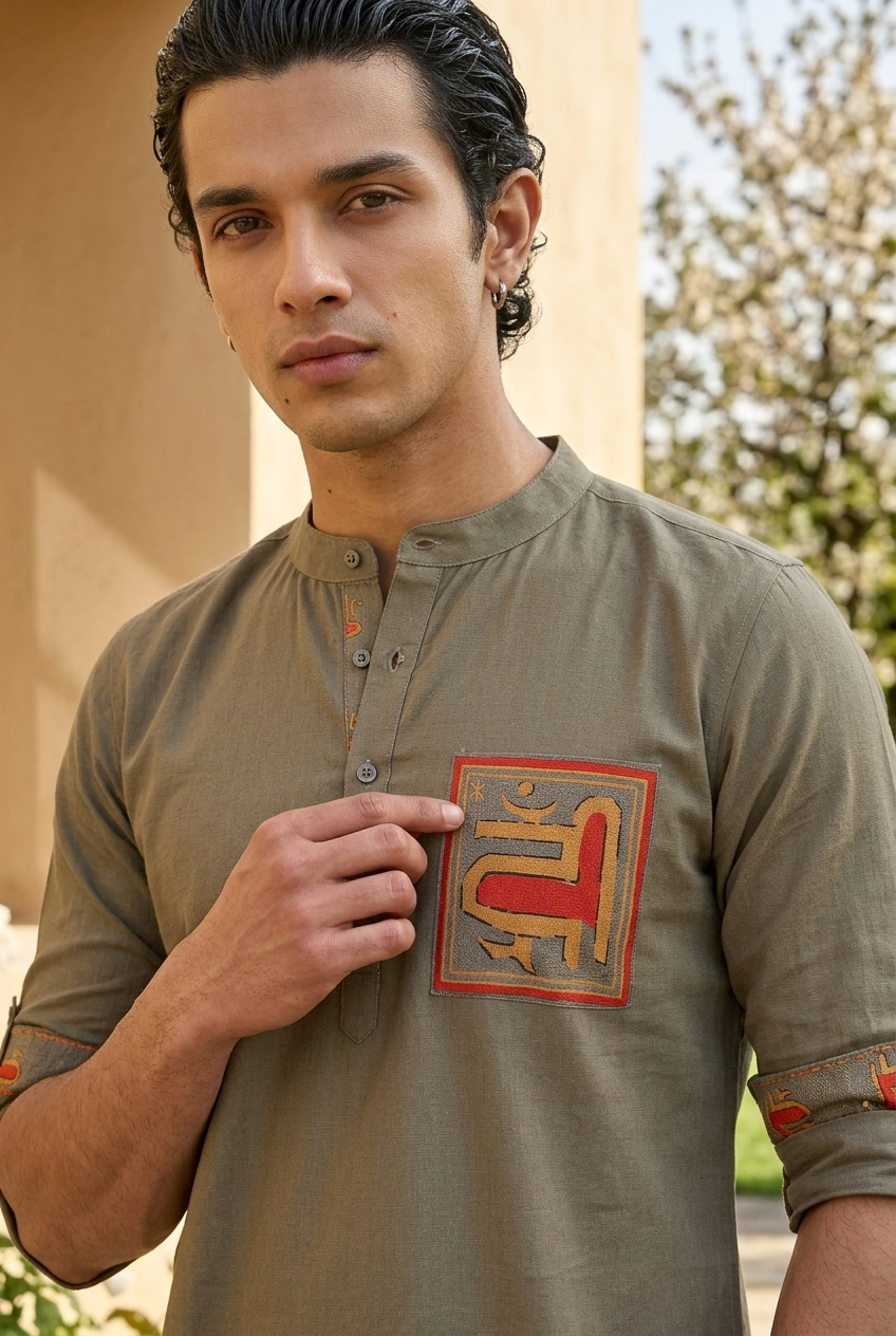 VARUNA KURTA - KHAKHI Size XXL | Veda Handcrafted Ethnic Wear