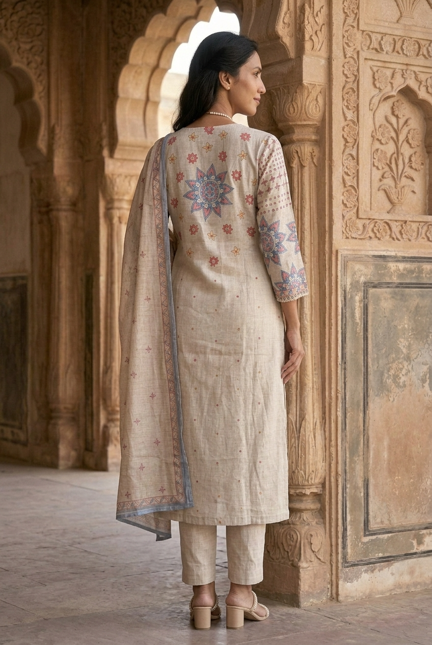 SUPRIYA KURTA SET - BEIGE Size XL | Veda Handcrafted Ethnic Wear