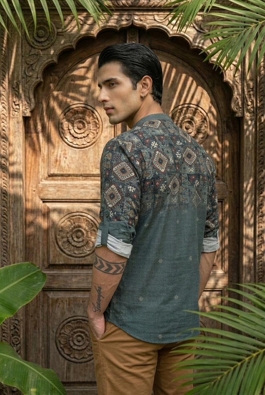 VANA KURTA - MILITARY GREEN Size XXL | Veda Handcrafted Ethnic Wear