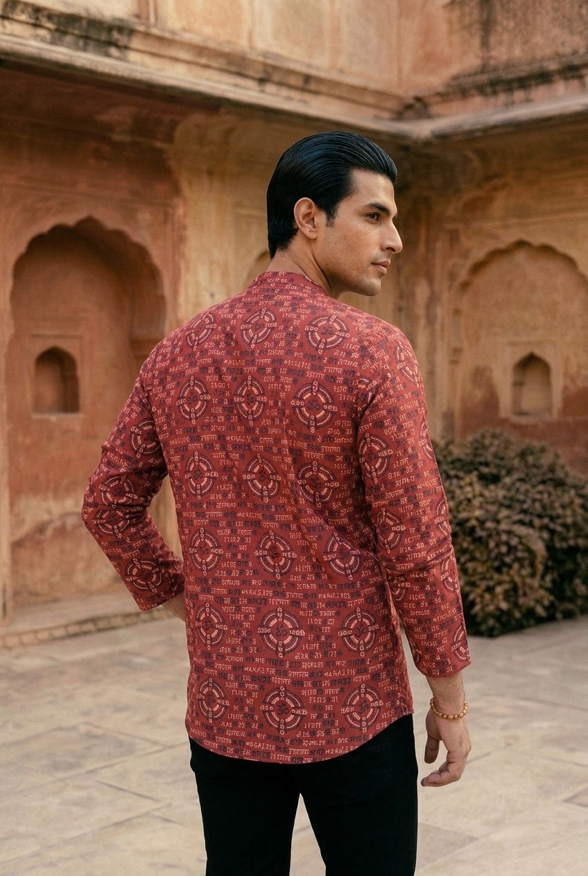 TRIPURA KURTA - INDIAN RED Size XXL | Veda Handcrafted Ethnic Wear
