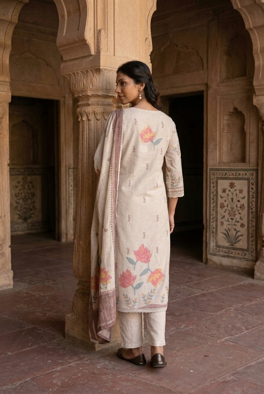 PRABHA KURTA SET - BEIGE Size XL | Veda Handcrafted Ethnic Wear