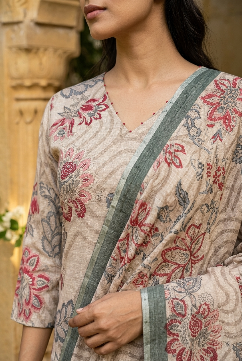 SUNDARI KURTA SET - BEIGE Size XXL | Veda Handcrafted Ethnic Wear