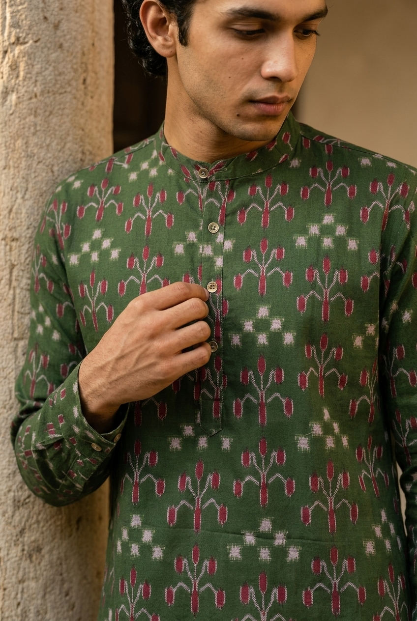 NAVA KURTA - BOTTLEGREEN Size XXL | Veda Handcrafted Ethnic Wear