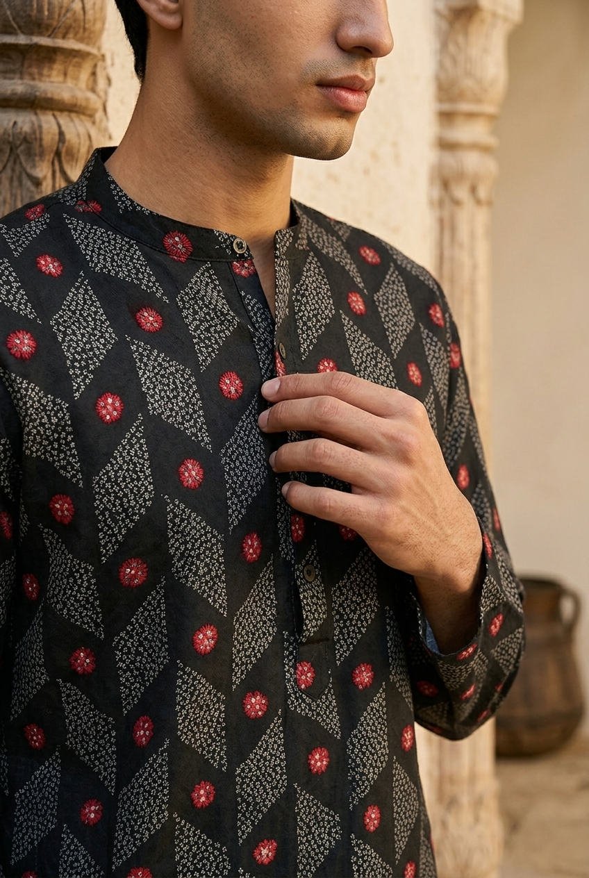 VRIKSHA KURTA - BLACK Size XXL | Veda Handcrafted Ethnic Wear