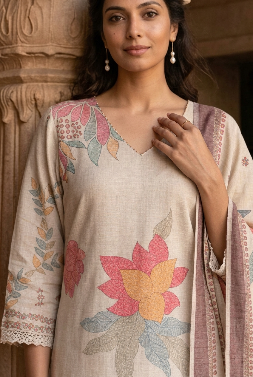 PRABHA KURTA SET - BEIGE Size XXL | Veda Handcrafted Ethnic Wear