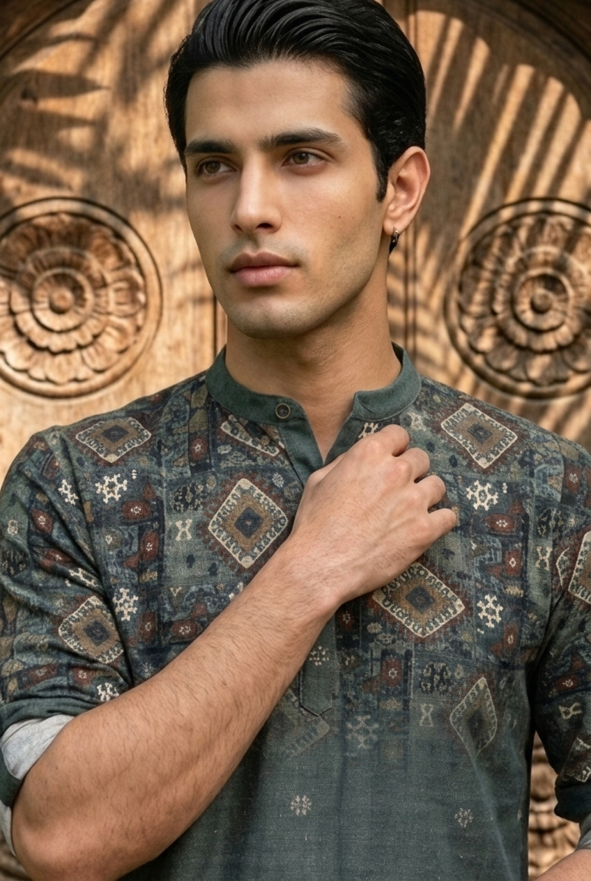 VANA KURTA - MILITARY GREEN Size 3XL | Veda Handcrafted Ethnic Wear