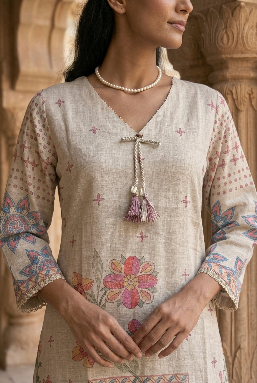 SUPRIYA KURTA SET - BEIGE Size XXL | Veda Handcrafted Ethnic Wear