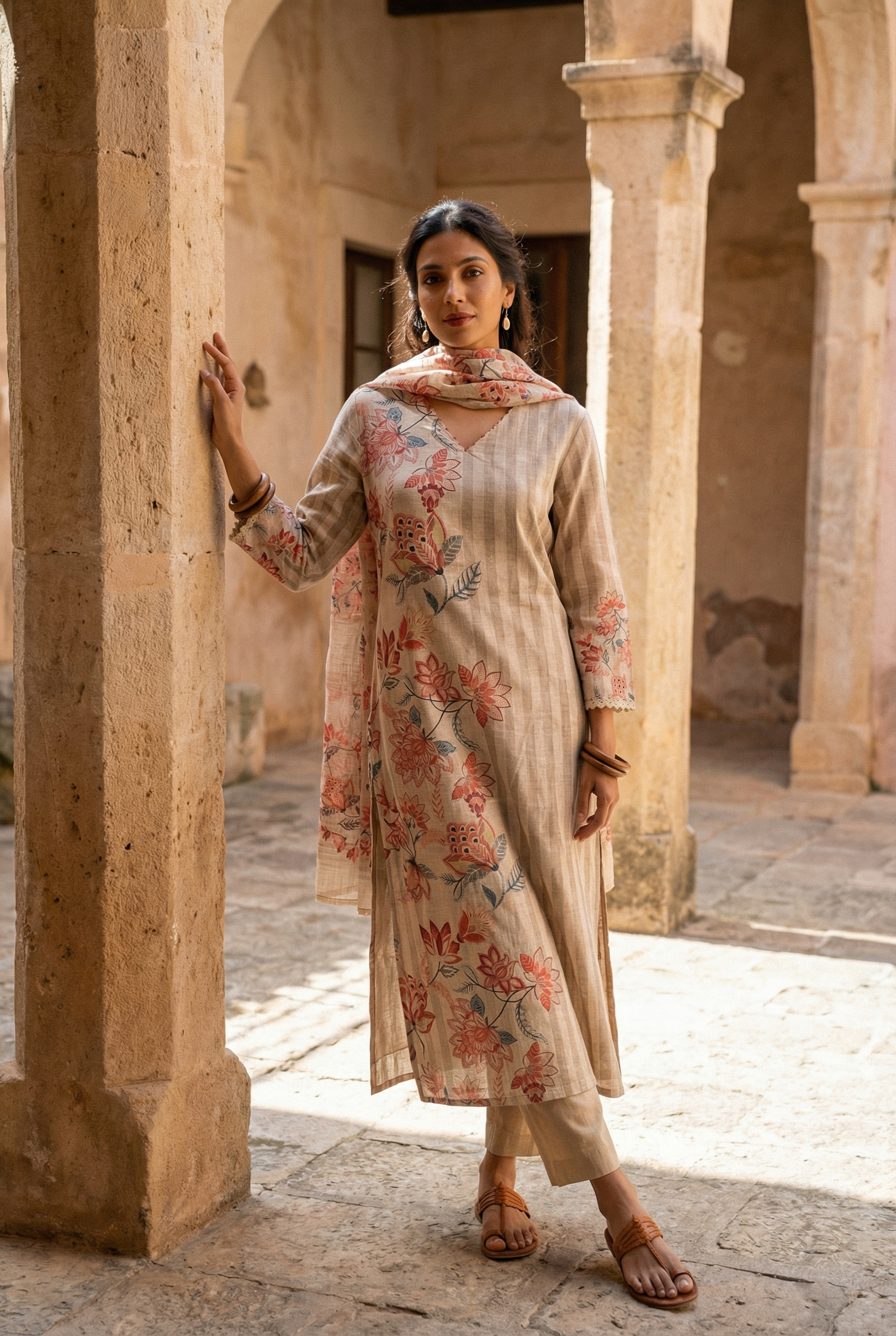 GAURI KURTA SET - BEIGE Size M | Veda Handcrafted Ethnic Wear