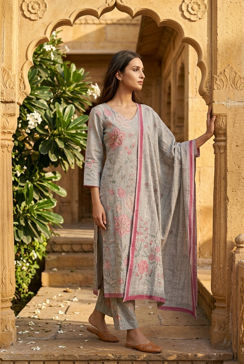 SHARDA KURTA SET - LIGHT GREY Size M | Veda Handcrafted Ethnic Wear