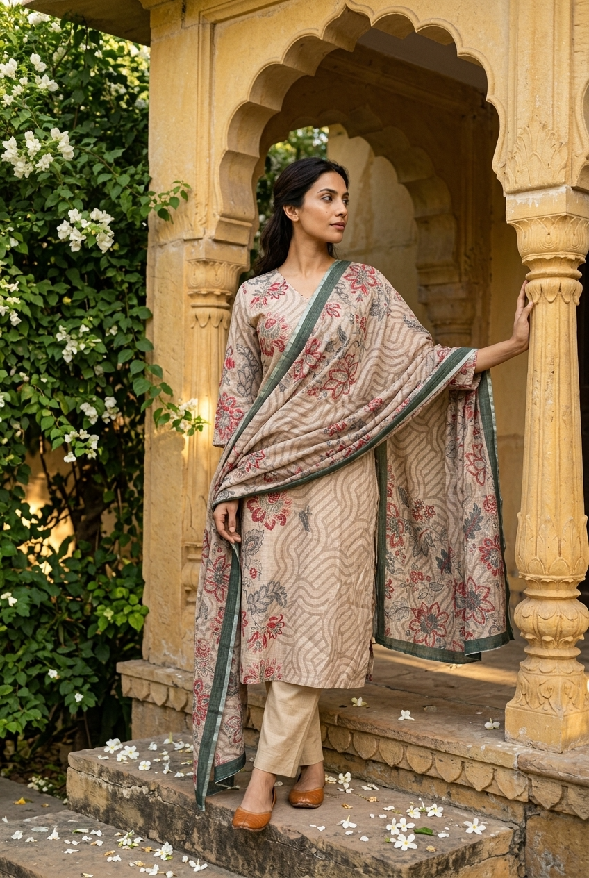SUNDARI KURTA SET - BEIGE Size M | Veda Handcrafted Ethnic Wear