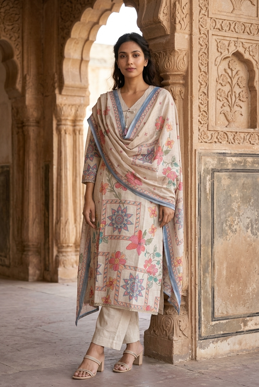 SUPRIYA KURTA SET - BEIGE Size M | Veda Handcrafted Ethnic Wear