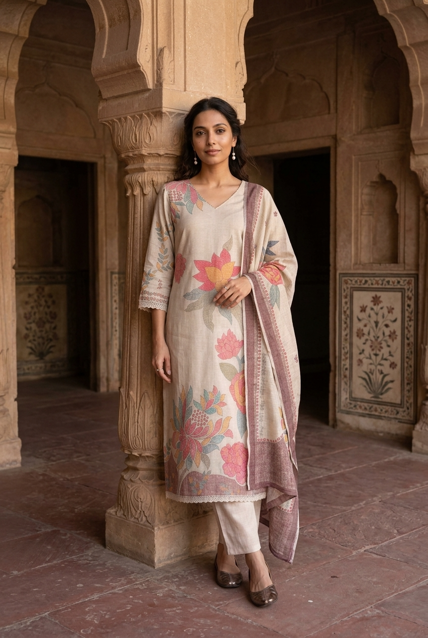 PRABHA KURTA SET - BEIGE Size M | Veda Handcrafted Ethnic Wear