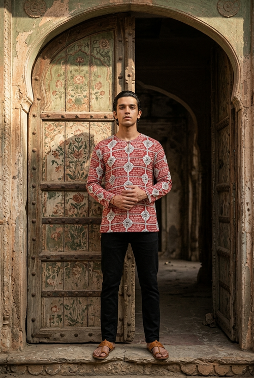 DEVENDRA KURTA - RED Size M | Veda Handcrafted Ethnic Wear
