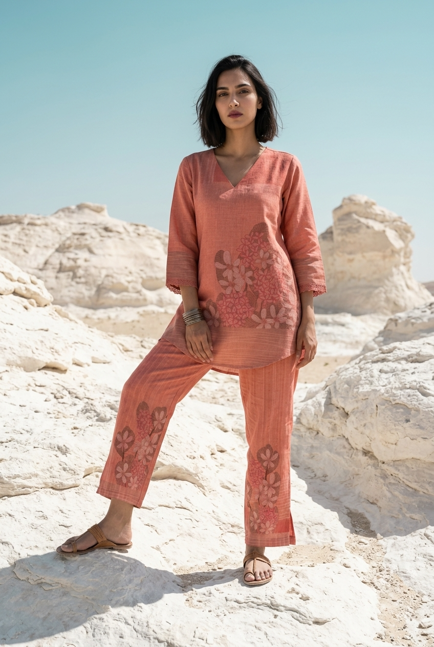 TANVI CO-ORD SET - TANGERINE Size M | Veda Handcrafted Ethnic Wear