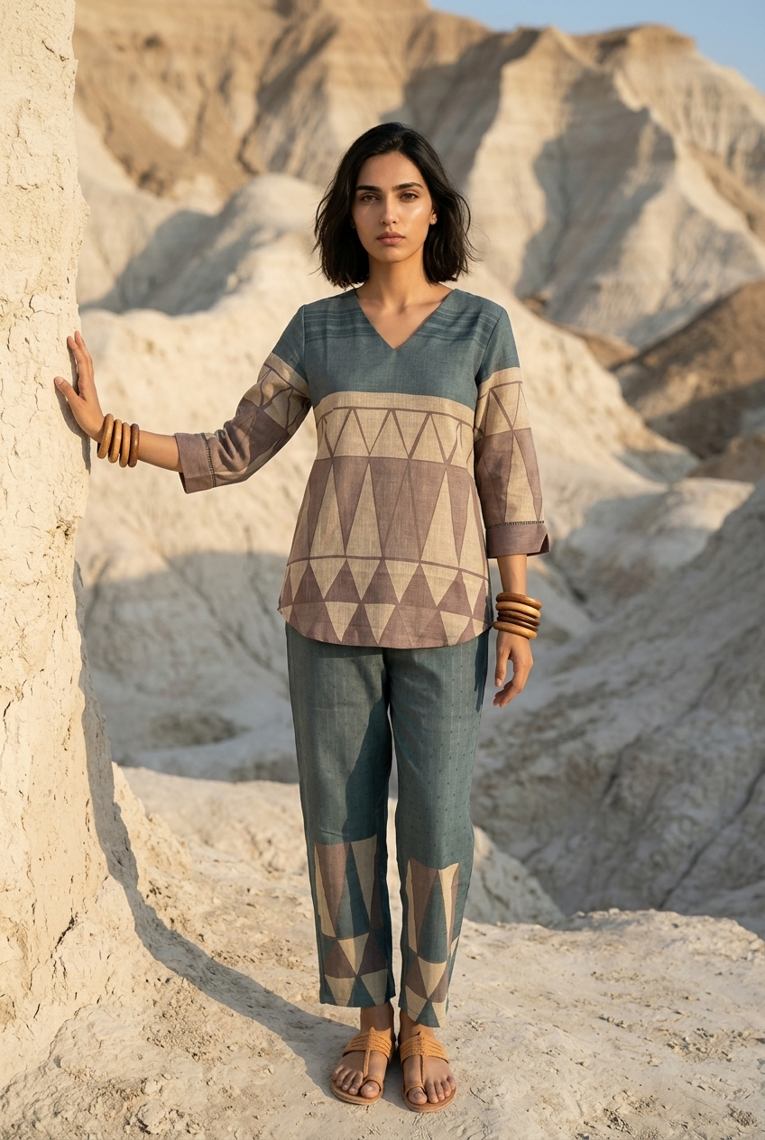ASHIRA CO-ORD SET - STEEL GREY Size M | Veda Handcrafted Ethnic Wear