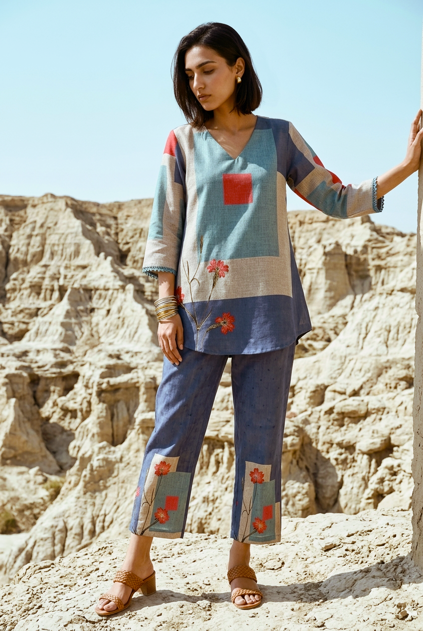 NILA CO-ORD SET - BLUE Size M | Veda Handcrafted Ethnic Wear