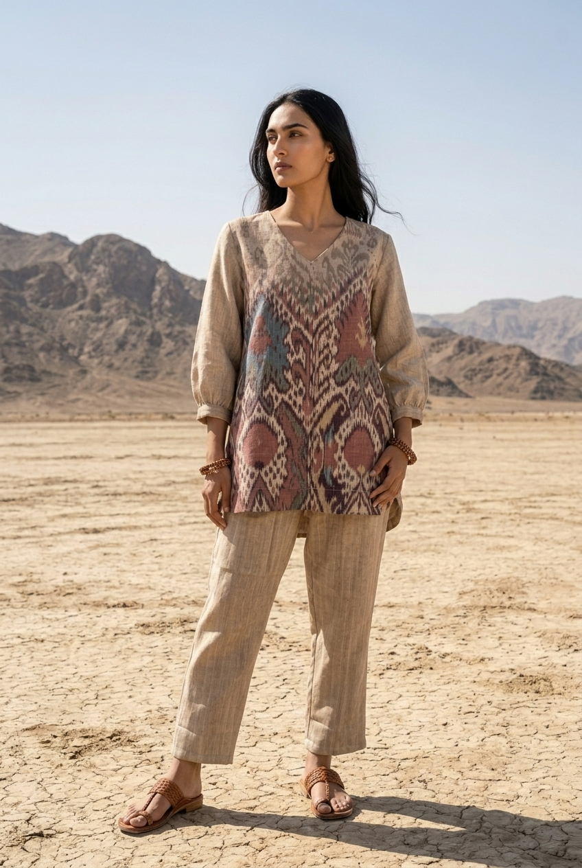 SUVARNI CO-ORD SET - SAND Size M | Veda Handcrafted Ethnic Wear