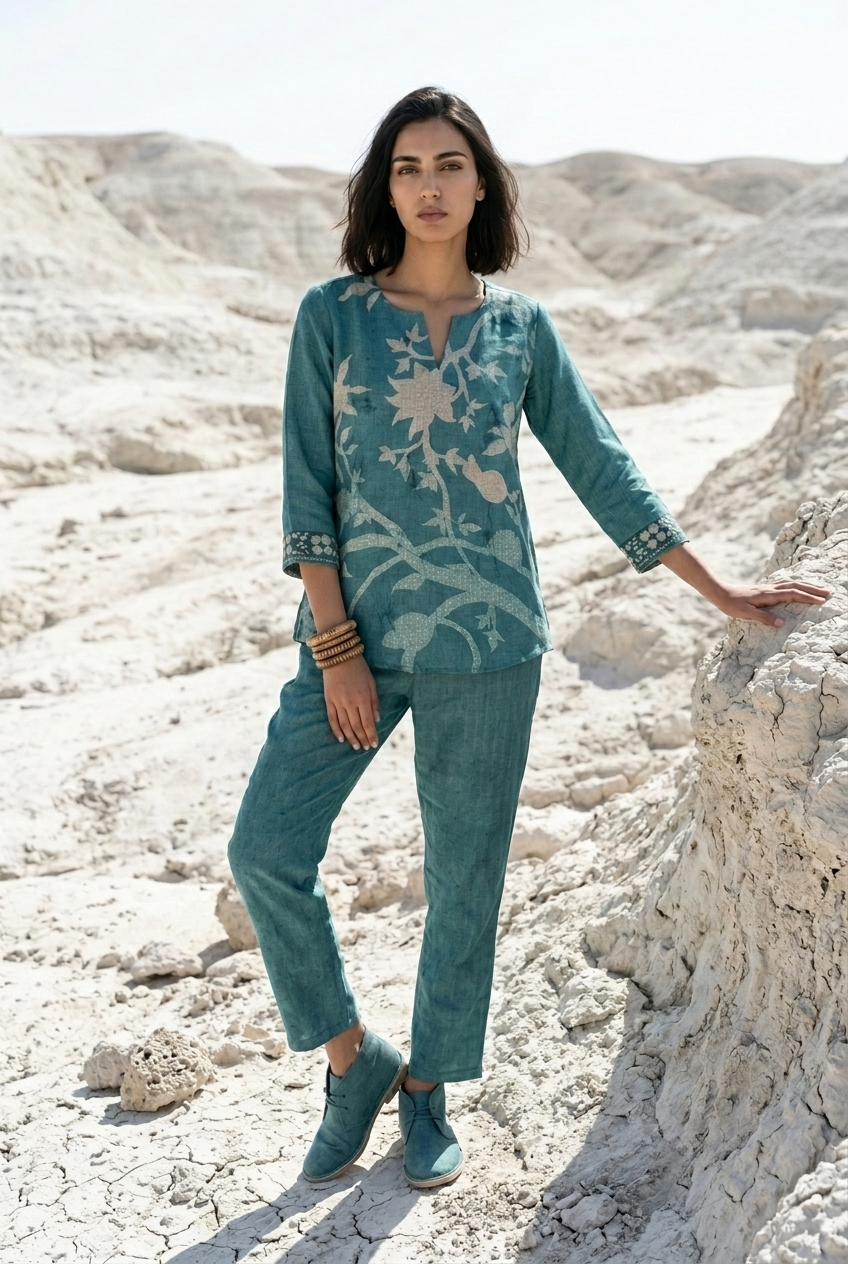 SAGARI CO-ORD SET - TEAL Size M | Veda Handcrafted Ethnic Wear