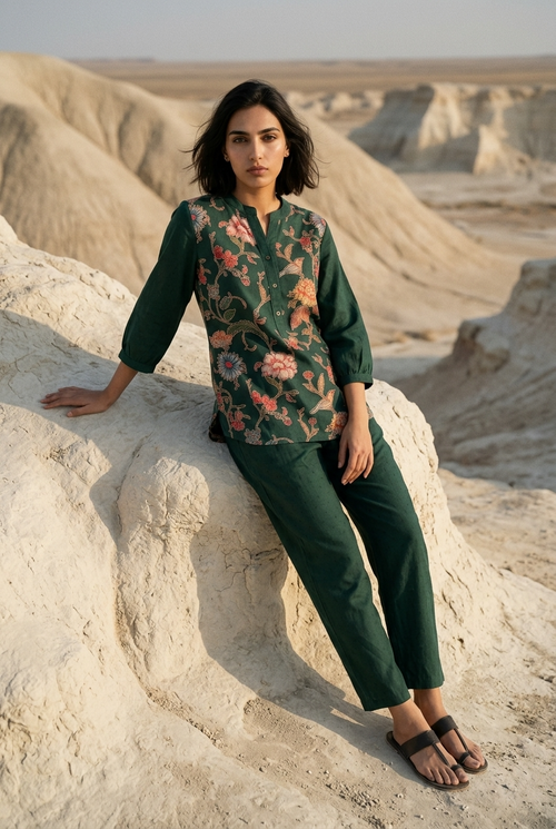 ARAVINDA CO-ORD SET - BOTTLE GREEN Size M | Veda Handcrafted Ethnic Wear