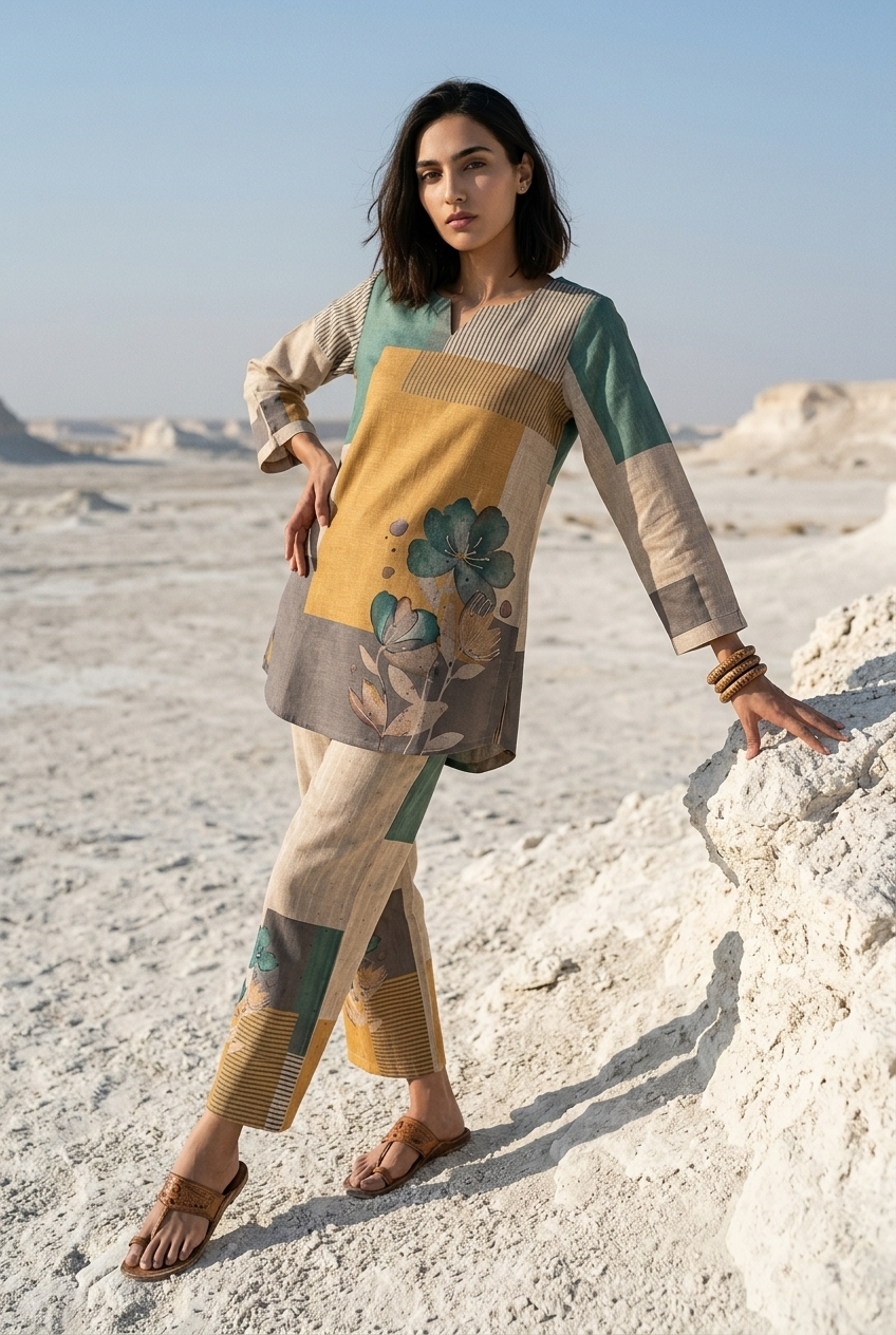HEMANTA CO-ORD SET - BEIGE Size M | Veda Handcrafted Ethnic Wear
